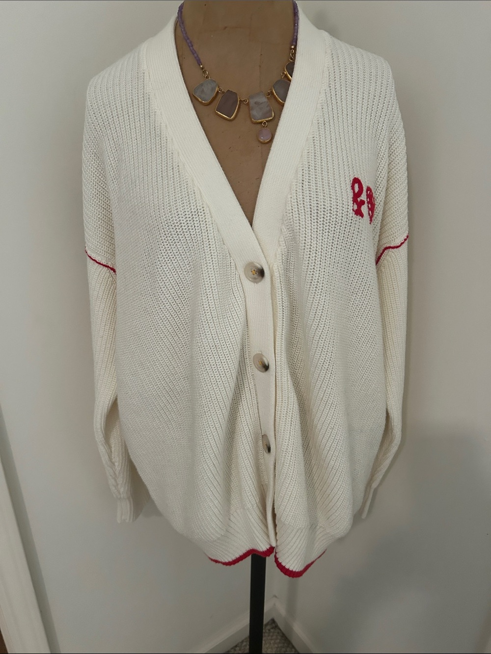 Kerri Rosenthal Women’s Cream Button-Front Cardigan Sweater with Red Trim
